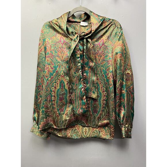 Vintage 90's Russ Paisley Print Button‎ Up Top Womens size 10 Green Ties at neck - Picture 1 of 8